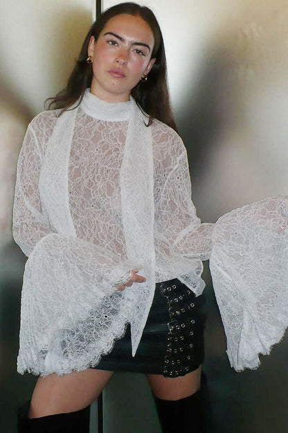 Lace Flounce Collar Ruffled Sleeve Sexy Blouse