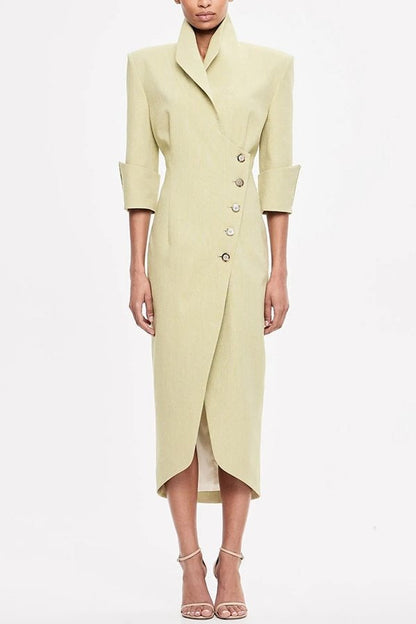 Elegant Look Linen Blend Stand Lapel Neck Half Sleeve Side Button Midi Dress