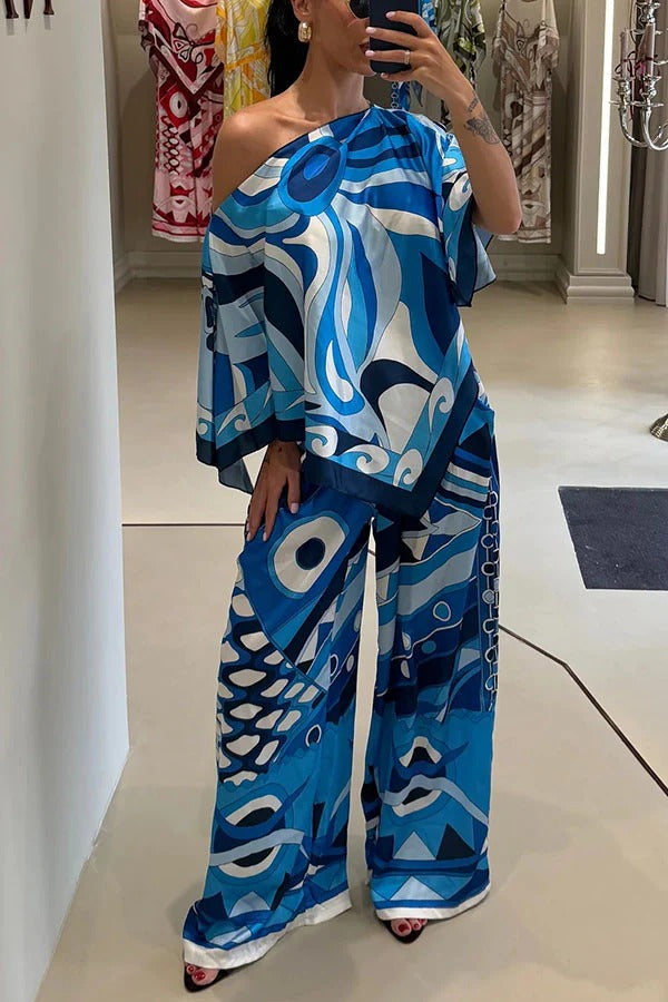 Luxe Resort Satin Unique Print Cape-style Top and Elastic Waist Pocket Wide Leg Pants Set