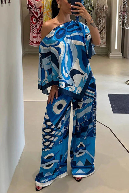 Luxe Resort Satin Unique Print Cape-style Top and Elastic Waist Pocket Wide Leg Pants Set