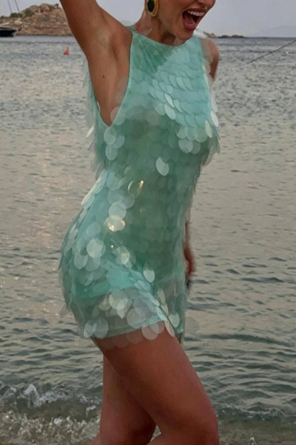 Shimmer and Glisten Sequin Boat Neck Sleeveless Open Back Mini Dress