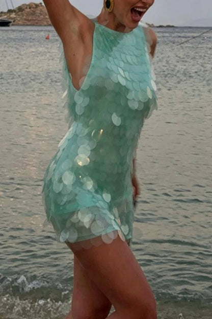 Shimmer and Glisten Sequin Boat Neck Sleeveless Open Back Mini Dress