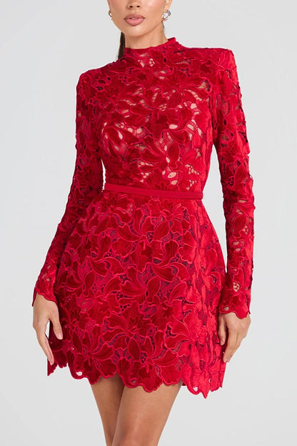 Burnout Velvet Floral Lace Mock Neck Long Sleeve Bodycon Mini Dress