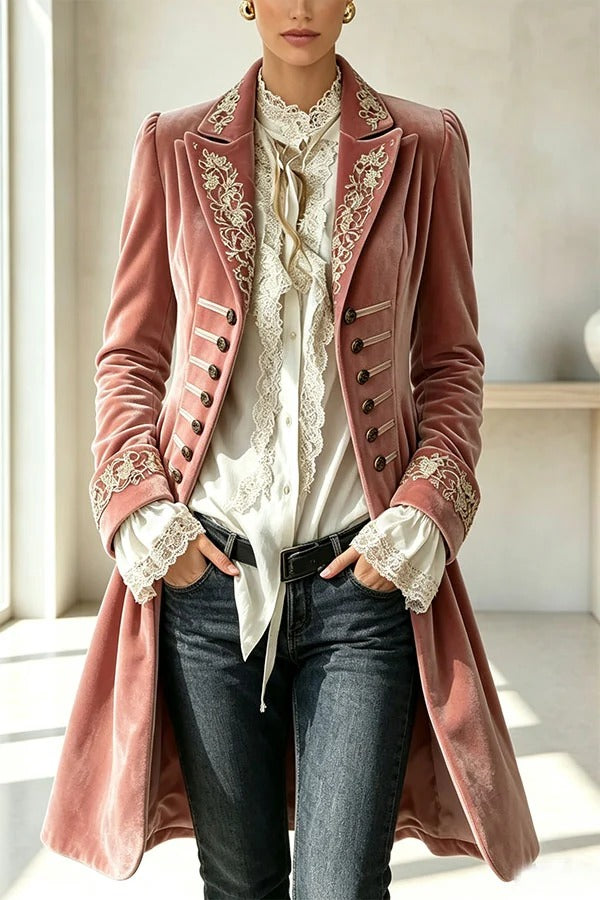 Royal Style Velvet Embroidery Long Sleeve Napoleon Button-down Lapel Coat