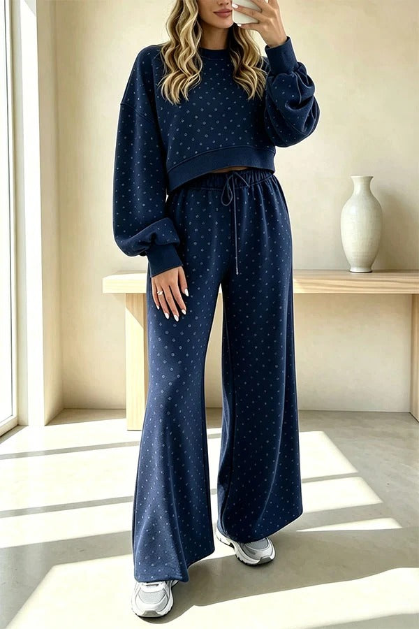 Relaxed and Casual Polka Dot Print Long Sleeve Sweatshirt and Drawstring Elastic Waist Pants Set