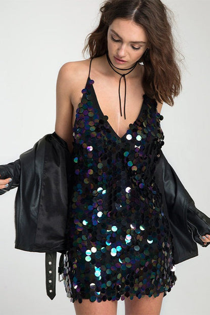 Deep V Backless Camisole Sequin Dress