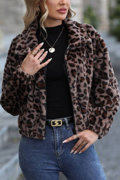 Leopard print faux fur short jacket