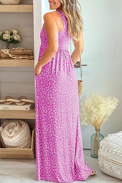 Leopard Print Floor Length Sleeveless Dress With Pockets