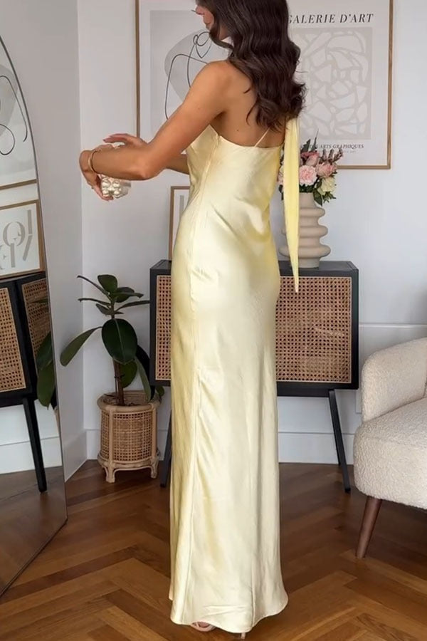 Asymmetrical Shoulder Tie Sleeveless Slim Solid Formal Dress