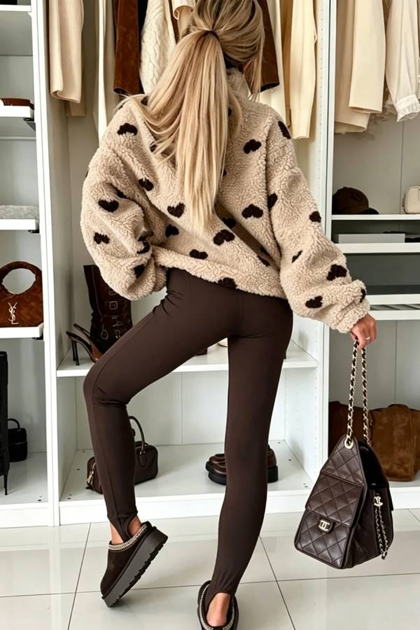 Playful Heart Pattern Teddy Bear Fleece Material Contrast Color Long Sleeve Pocket Zipper Coat