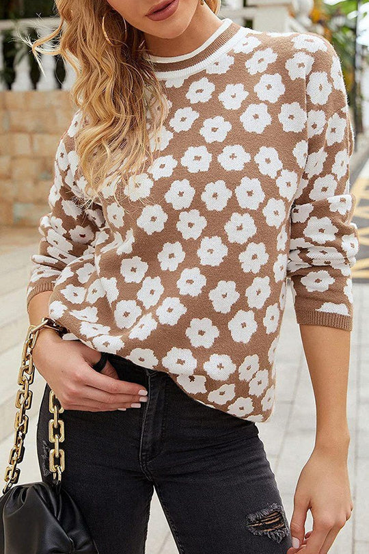 Mock Neck Floral Print Knitted Sweater Color Block Light Weight Sweater