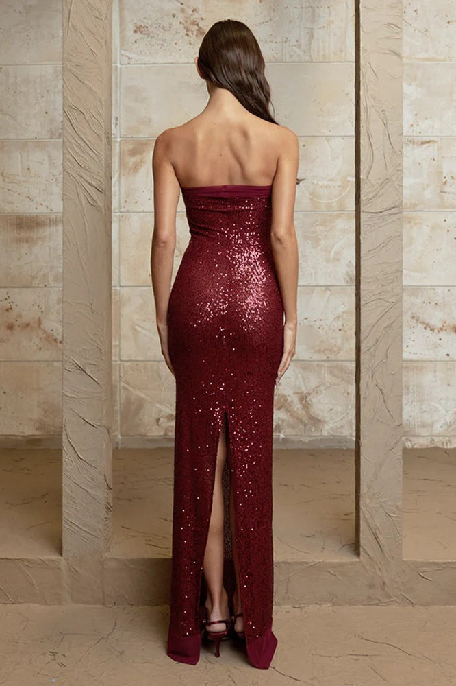 Strapless Sequin Slit Back Prom Dress