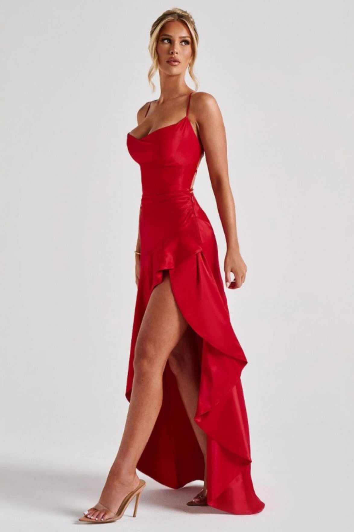 Spaghetti Strap Backless Ruffle Prom Dress