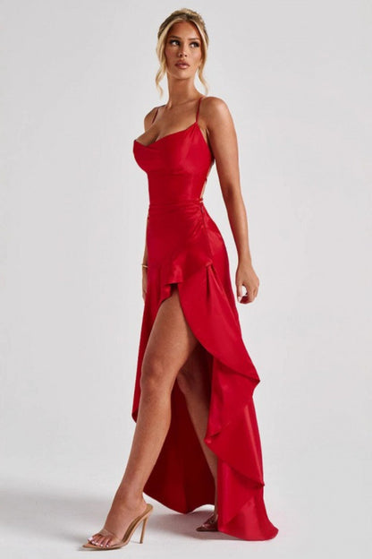 Spaghetti Strap Backless Ruffle Prom Dress