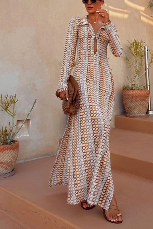 Handmade crocheted hollow low-cut V-neck slit long dress