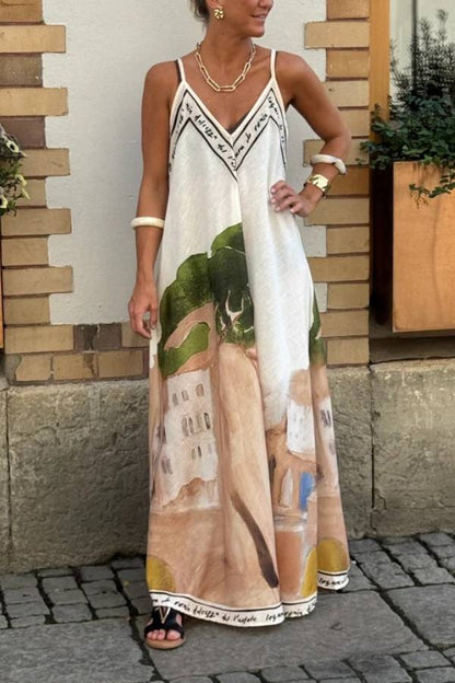 Artistic Oil Painting Print V-Neck Slip Maxi Dress