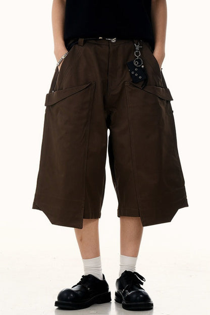 Pleated Wide Leg Cargo Bermuda Jeans