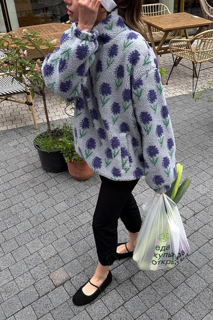 Floral Sherpa High Neck Half Zip Sweatshirt