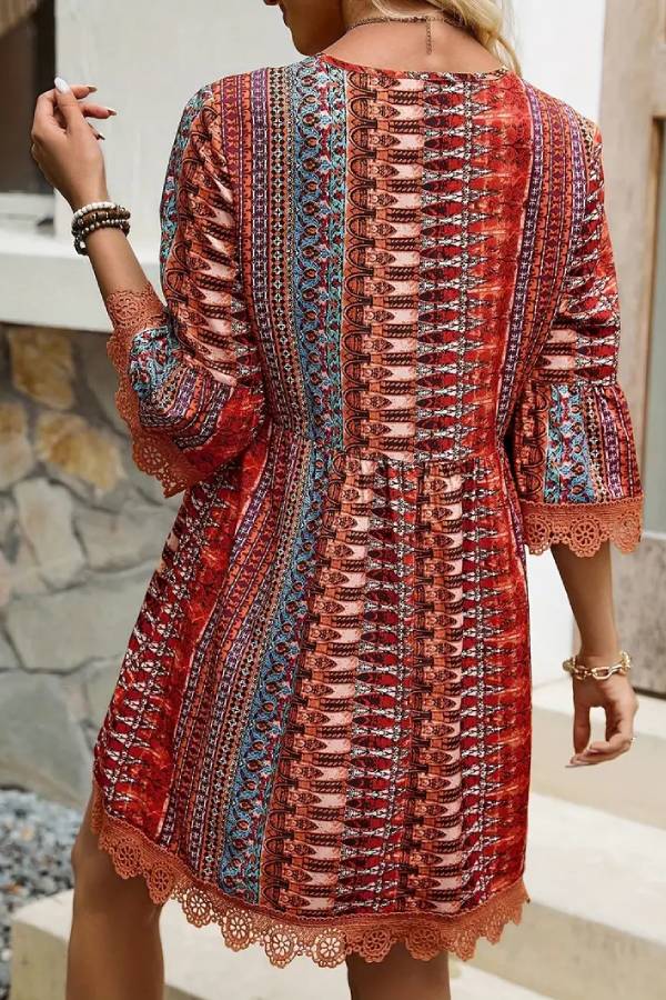 Bohemian Ethnic Print V-Neck Lace Trim Bell Sleeve Babydoll Dress