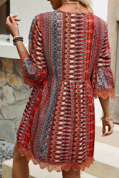 Bohemian Ethnic Print V-Neck Lace Trim Bell Sleeve Babydoll Dress