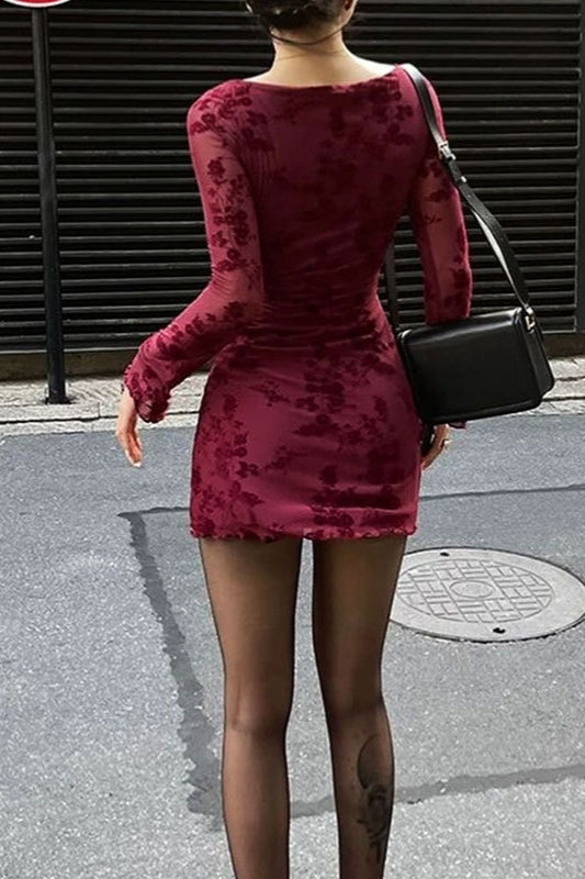 Mesh Floral Long Sleeve Bodycon Dress
