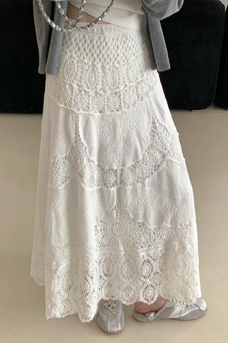 Lace Crochet Hollow Out Wide Hem Boho Skirt