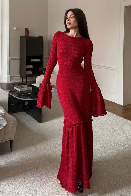 Pointelle Knit Long Sleeve Bell Cuff Mermaid Flounce Hem Maxi Sweater Dress