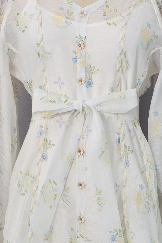 Embroidered Puff Sleeve Tie Boho Dress