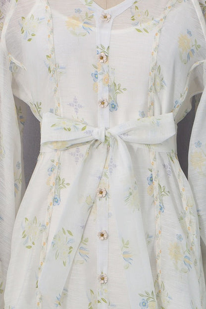 Embroidered Puff Sleeve Tie Boho Dress
