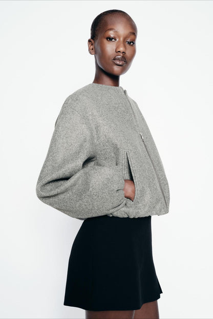 Faux Wool Short Zip Bomber Jacket