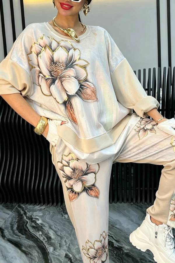 Chinese Style Floral Print Two Piece Set Mock Neck Batwing Top & Jogger Pants Co-Ord