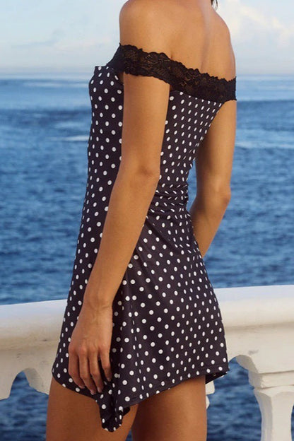Polka Dot Off Shoulder Lace Band Cut Out Bodycon Mini Dress
