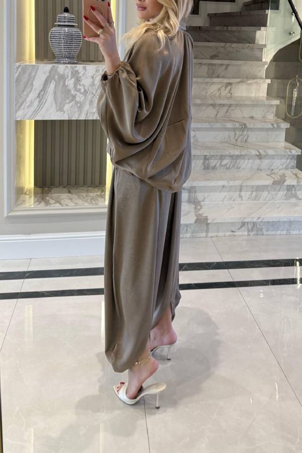 Loose-fitting Zippered Jacket with Lantern Sleeves + High-Waisted Drawstring Wide-Leg Pants Set