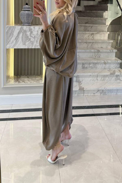 Loose-fitting Zippered Jacket with Lantern Sleeves + High-Waisted Drawstring Wide-Leg Pants Set