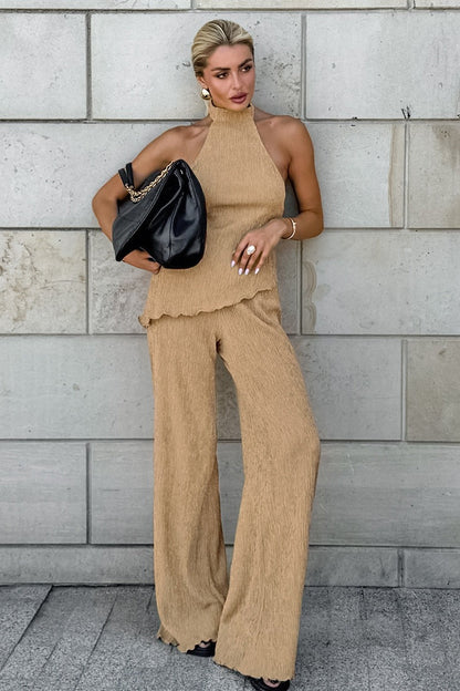 Green Halter Neck Top Pleated Wide Leg Pants Set