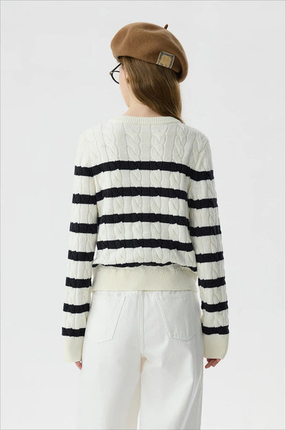Black White Wool Twist Knit Cardigan