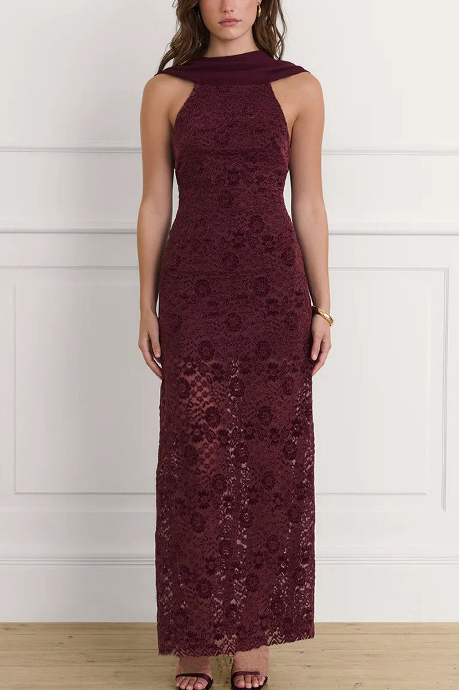 Elegant Scarf Neck Backless Lace Patchwork Bodycon Prom Dress