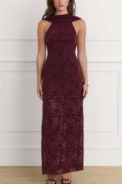 Elegant Scarf Neck Backless Lace Patchwork Bodycon Prom Dress