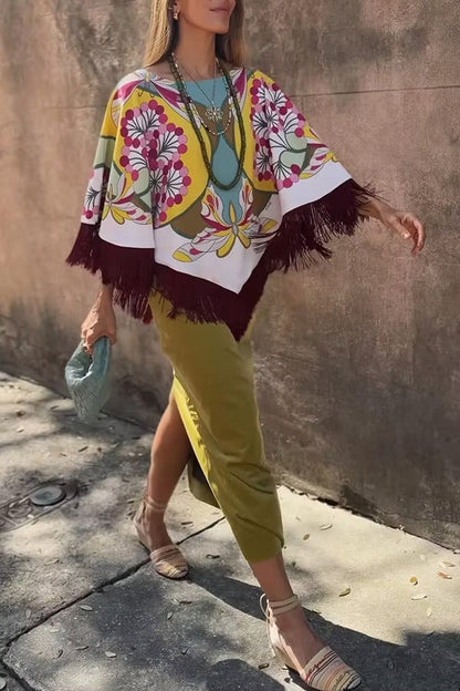 Boho Ethnic-style Floral Pattern Tassel Trim Loose Cape Top
