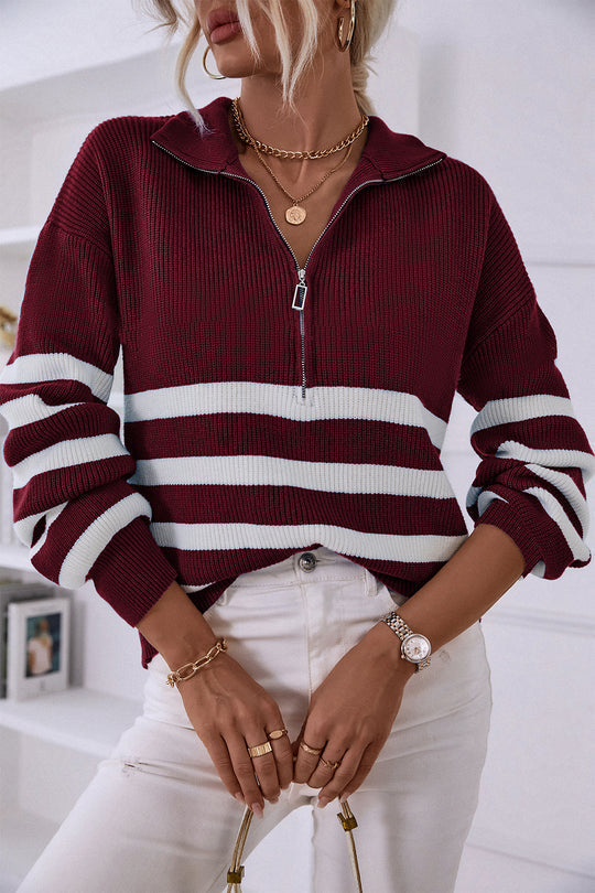 V Neck Collar Ribbed Knitted Stripe Pullover Sweater