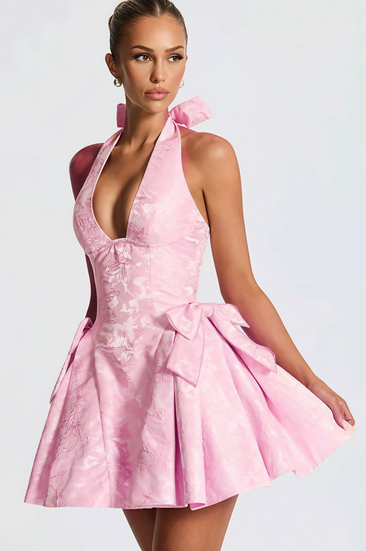 Sexy Halter V Neck Jacquard Mini Dress