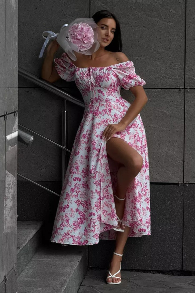 Off Shoulder Tie Waist Slit Floral Dress