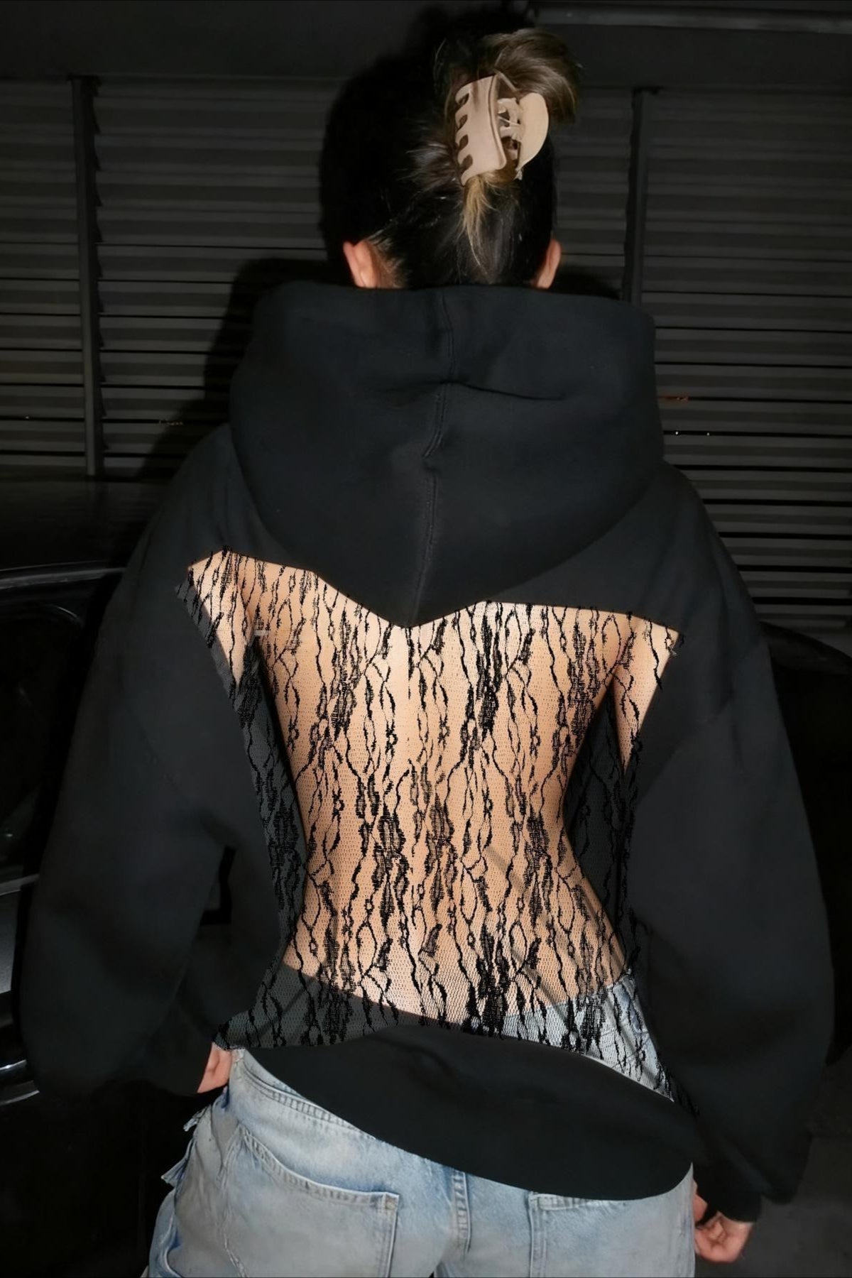 Hollow Out Lace Flower Back Hoodie