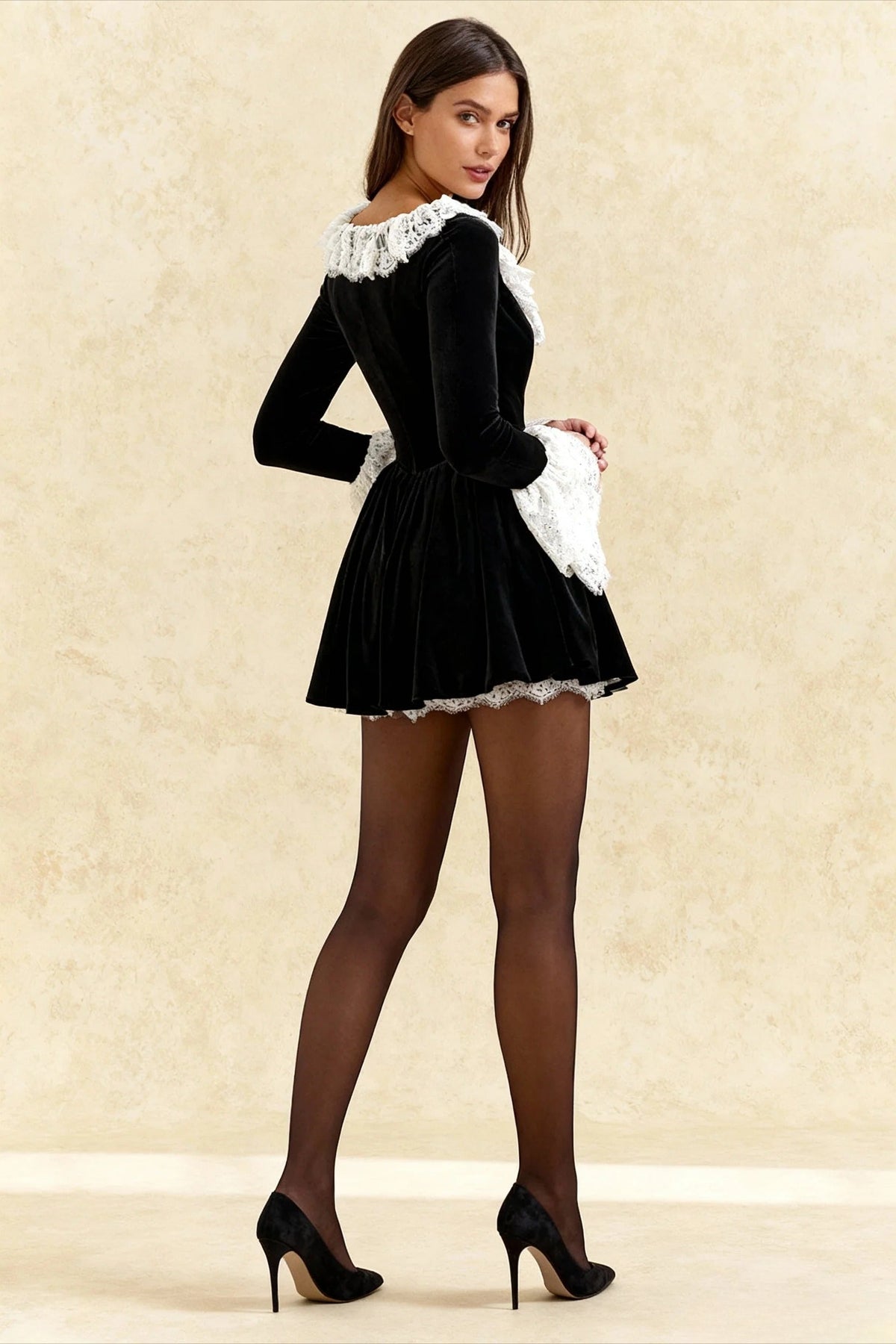 Square Neck Lace Trim Flared Sleeve Mini Dress
