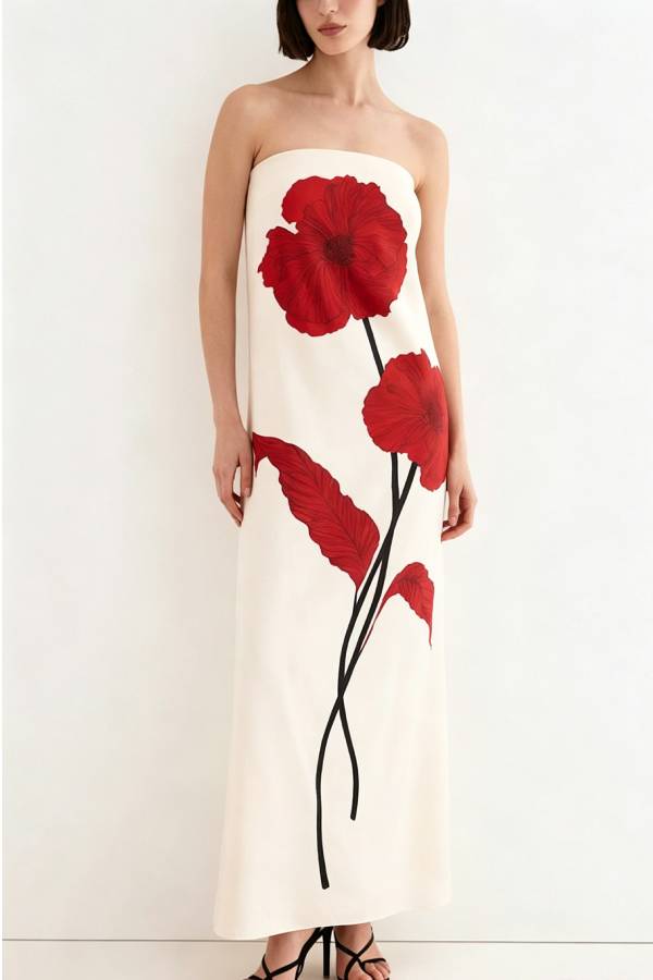 Elisabeth Floral Print Strapless Maxi Dress and Georgette Long Cape Two Pieces Set