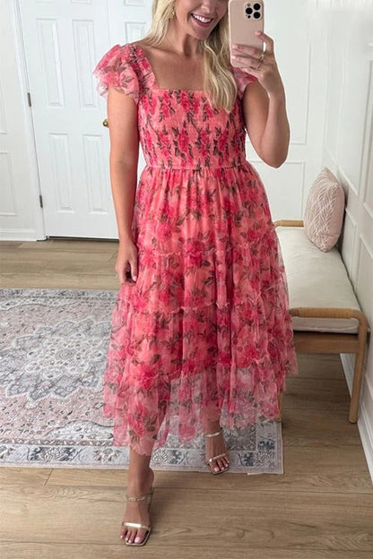 Square Neck Sleeveless Ruffle Tiered Midi Dress