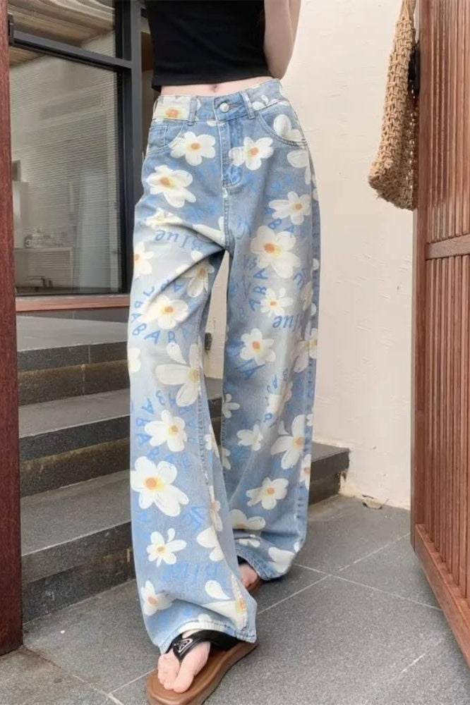 Washed Floral Print Baggy Jeans