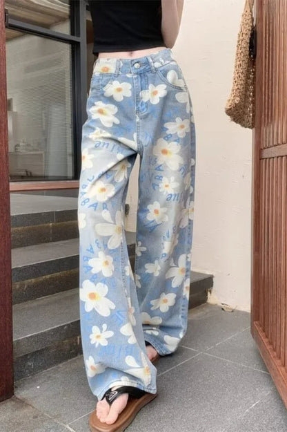 Washed Floral Print Baggy Jeans