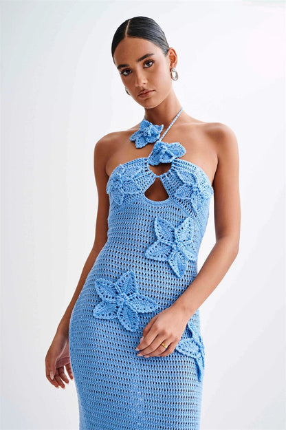 Cut-Out Halter Appliqué Fitted Bodycon Maxi Sweater Dress