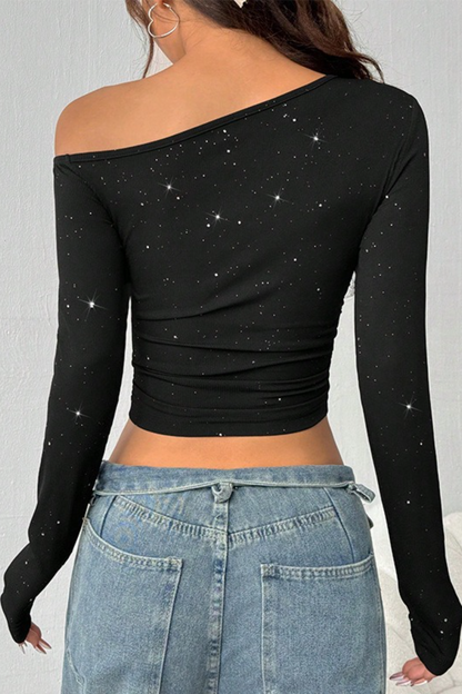 Rhinestone One Shoulder Slim Knit Long Sleeve Crop Top